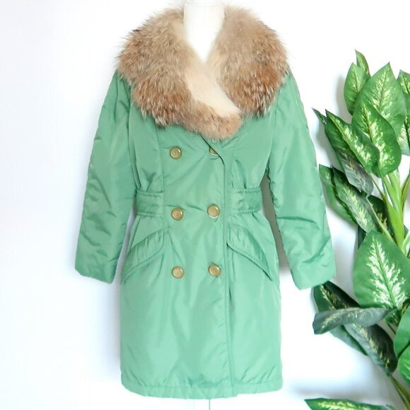 Ernst Engel Vintage Green Nylon Real Fur Collar Double Breasted Fall Winter Coat
